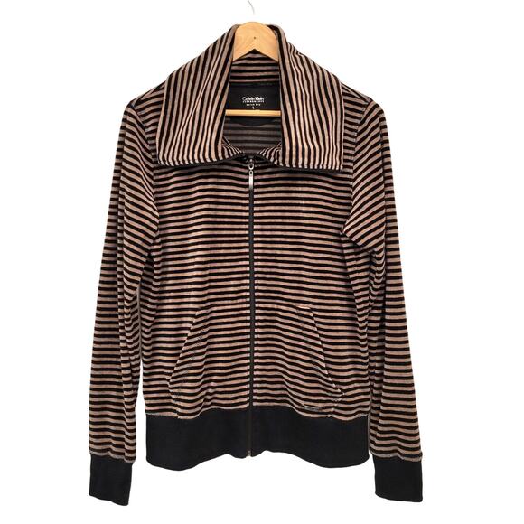 Calvin Klein Jackets & Blazers - Calvin Klein Jacket Women's Large Brown Performance Quick Dry Striped Velour